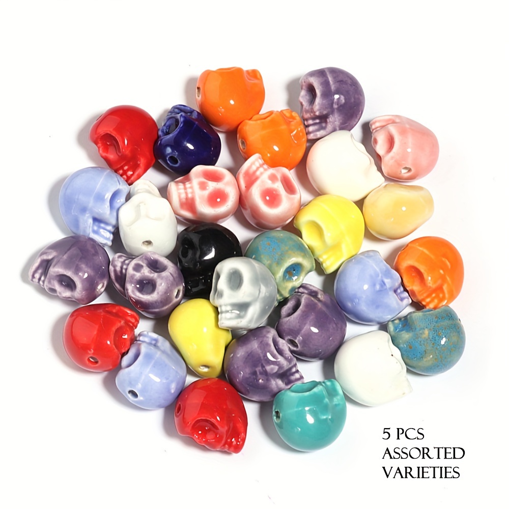 5 Ceramic Skull-Shape Mixed Colour Loose Beads